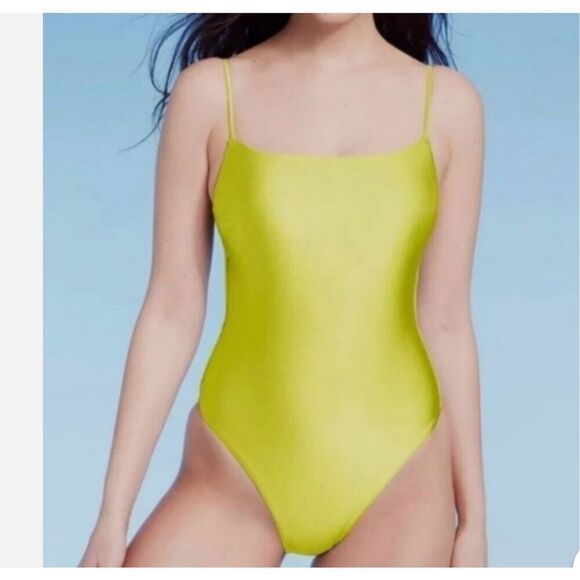 Shade and Shore Lim Green High Leg Cheeky Square Neck One Piece Swimsuit - Picture 1 of 6